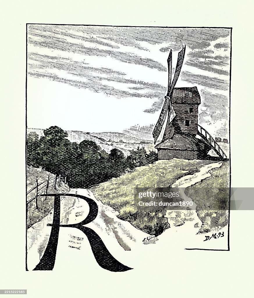 Letter R Windmill Capital Letter R Design Traditional Windmill Vintage Illustration 19th ...
