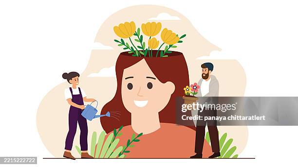 growth mindset, development or self-improvement, attitude, people watering learning, human brain, training class, self-confidence, creativity, growth, decisions, challenge for put think growth mindset. - change mindset stock illustrations