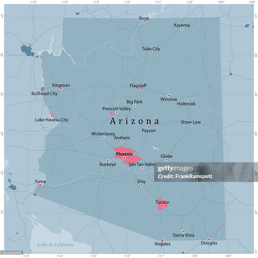 Arizona US State Vector Road Map Grey