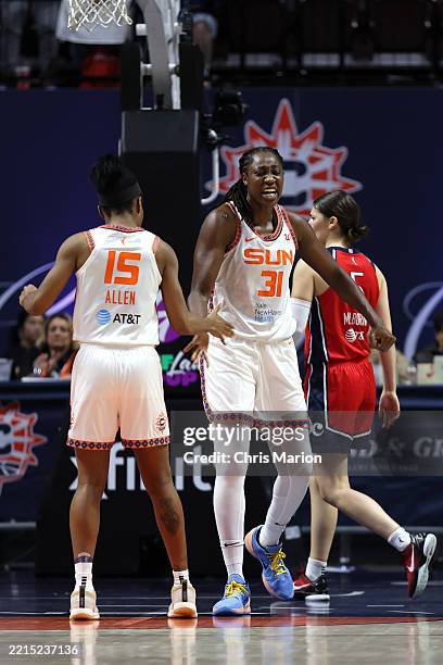 Tina Charles of the Connecticut Sun celebrates during the game against the Washington Mystics on May 18, 2025 at the Mohegan Sun Arena in Uncasville,...
