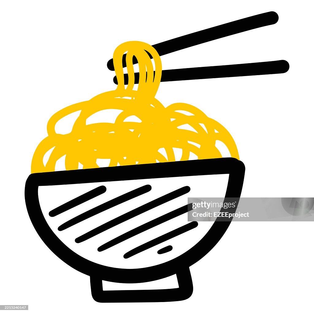 Bowl of noodles with chopsticks. Simple ramen bowl illustration. Cartoon noodle and chopsticks.