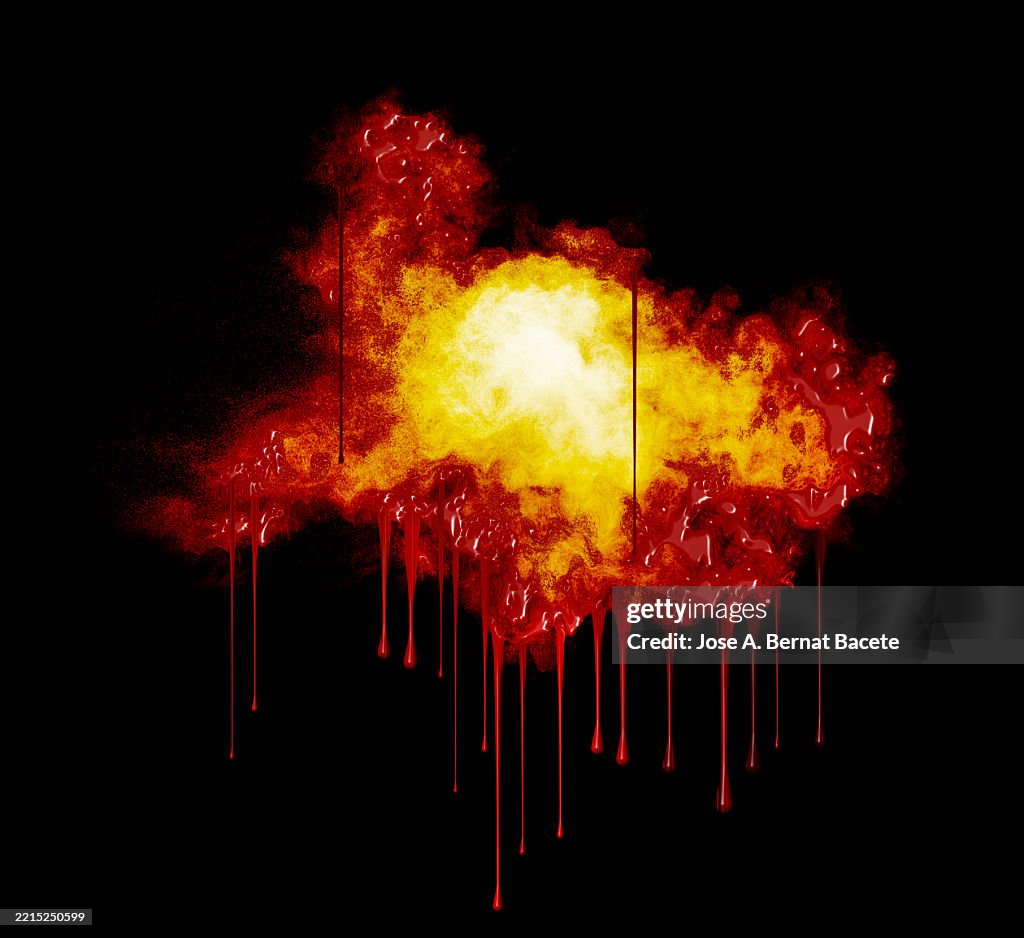 Explosion of incandescent liquid with drops sliding and dripping on a black background.