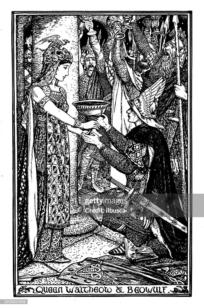 Antique fable illustration: Queen and Beowulf