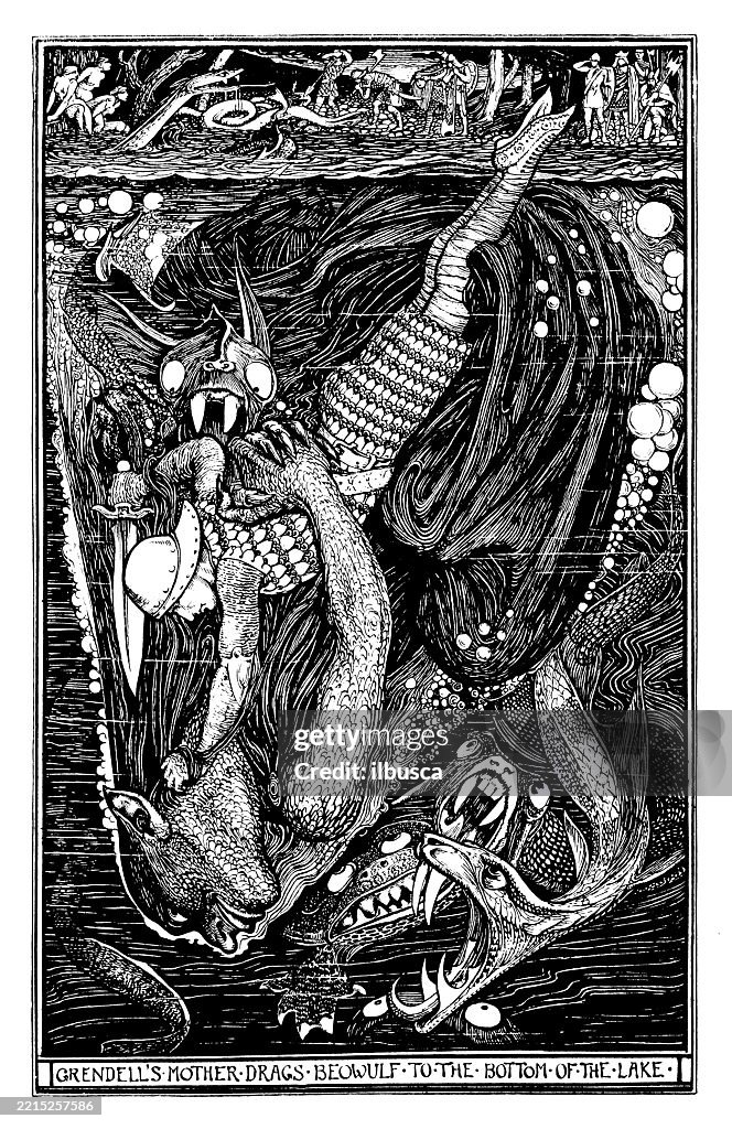 Antique fable illustration: Beowulf fight monster underwater