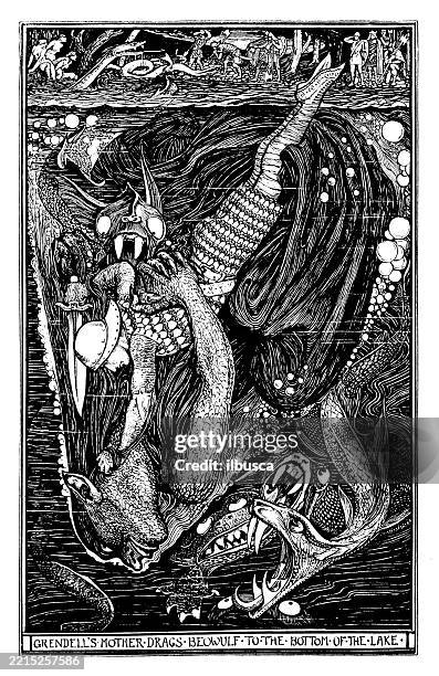 antique fable illustration: beowulf fight monster underwater - beowulf character stock illustrations