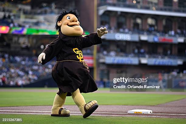 The San Diego Padres Swinging Friar mascot looks on before the game against the Los Angeles Angels at Petco Park on May 14, 2025 in San Diego,...