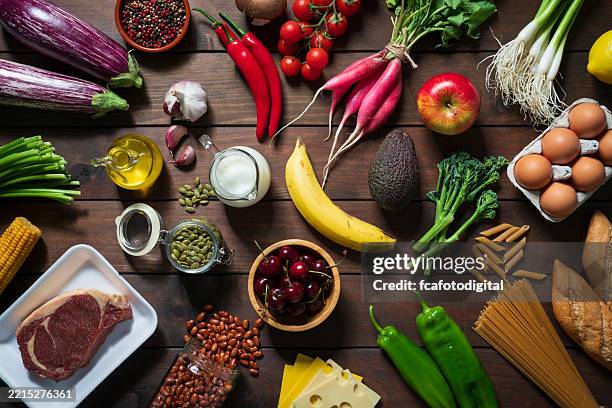 background of healthy and well balanced food and drink including carbohydrates, proteins and dietary fiber - dietary fiber stock pictures, royalty-free photos & images