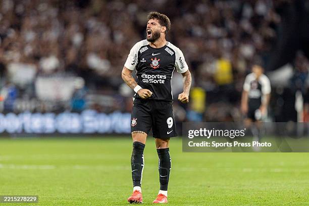 Yuri Alberto Monteiro da Silva of Corinthians celebrates after scoring the team's first goal during a Brasileirao 2025 match between Corinthians and...