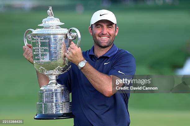 Scottie Scheffler of the United States holds the Wanamaker Trophy following his victory during the final round of the PGA Championship at Quail...