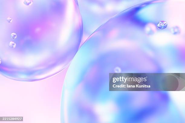 pastel gradient blue, pink and purple molecules, water drops. 3d liquid bubbles pattern. futuristic beauty background. healthcare and medicine. close-up. concept of purity, innovation, science. - hyaluronan stock-fotos und bilder