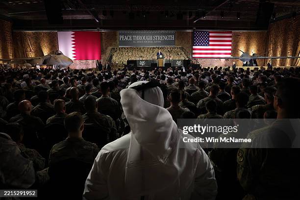 President Donald J. Trump delivers remarks at the Al Udeid Air Base to U.S. Military personnel and Qatari military personnel on May 15 in Doha,...