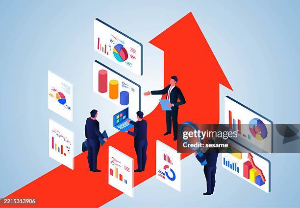 business group team analyzes statistical project data on growing red arrows; good project management helps businessmen succeed - isometric projection graph stock illustrations
