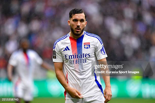 Rayan Cherki of Olympique Lyon looks on during the France Ligue 1 match between Olympique Lyonnais and Racing Club de Lens at Groupama Stadium on May...