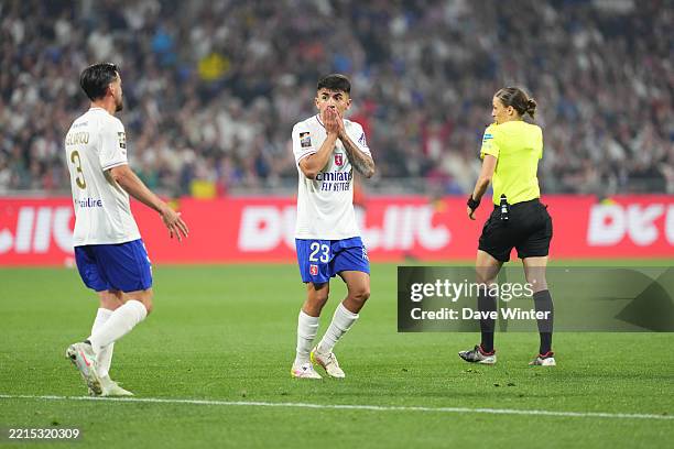Thiago ALMADA of Olympique Lyonnais , Nicolas TAGLIAFICO of Olympique Lyonnais , Stephanie Frappart Referee during the Ligue 1 MCDonald's match...