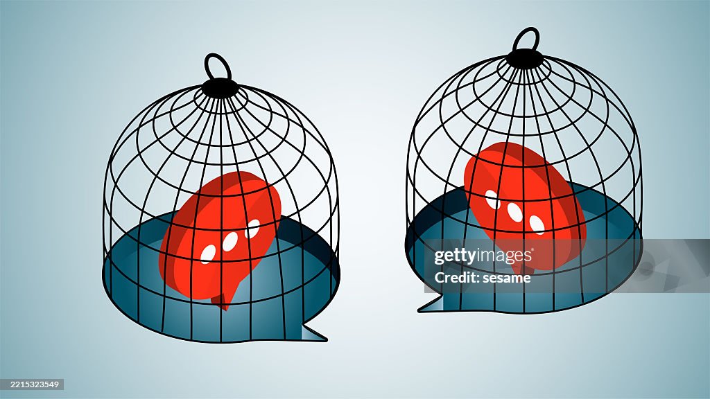 Communication problems or communication barriers, prohibited or restricted speech, speech bubbles inside isometric cages