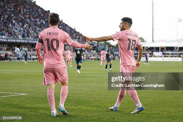 Lionel Messi and Jordi Alba of Inter Miami CF chat during the match against the San Jose Earthquakes at PayPal Park on May 14, 2025 in San Jose,...