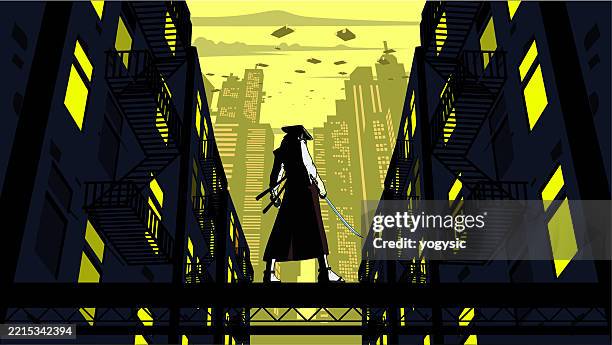 vektor samurai silhouette stehend in einer gasse mit cyberpunk stil stadt skyline im hintergrund stock illustration - samurai schwert stock-grafiken, -clipart, -cartoons und -symbole