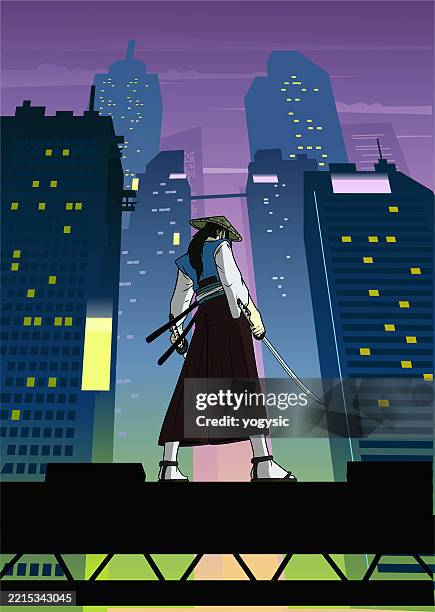 vector conehat samurai silhouette standing with futuristic city skyline in the background stock illustration - straw hat stock illustrations