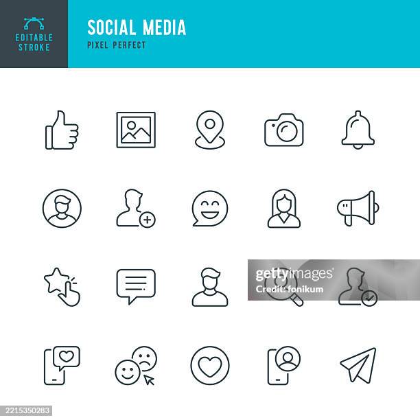 ilustrações de stock, clip art, desenhos animados e ícones de social media - thin line vector icon set. pixel perfect. editable stroke. the set consists of icons such as social network, like button, communication, user, message, mobile phone, friendship, emoji, camera. - feedback comunicação