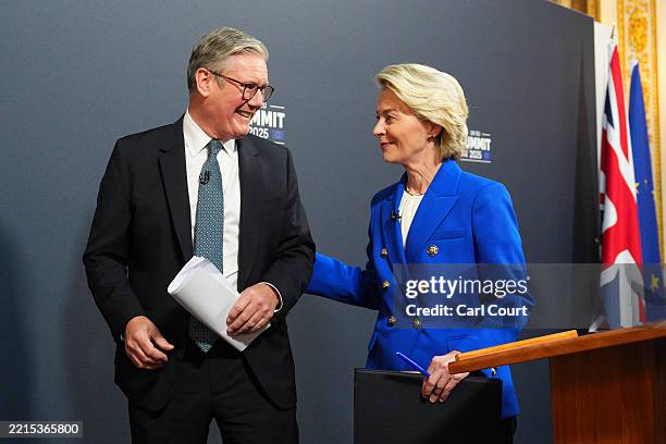 Prime Minister Keir Starmer and President of the European Commission, Ursula von der Leyen attend a press conference at the UK-EU summit at Lancaster...