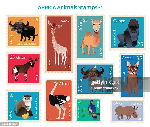 illustrazioni stock, clip art, cartoni animati e icone di tendenza di francobolli africa animali - bufalo indiano