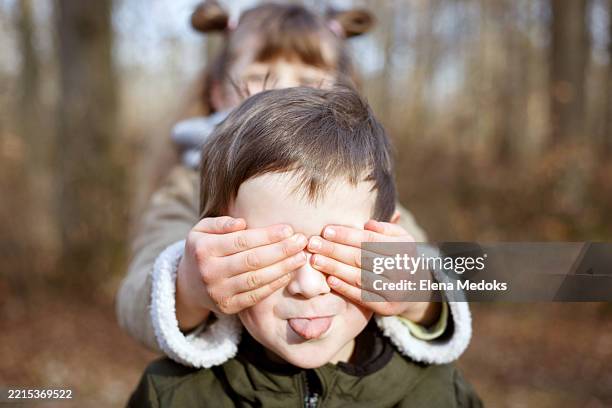 girl covering boy's eyes, playing hide and seek in forest - hands covering eyes stock pictures, royalty-free photos & images