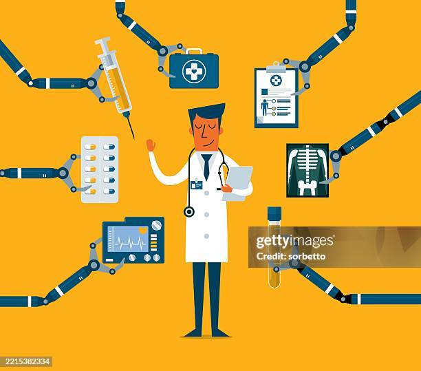 robot and doctors - ct scan stock illustrations