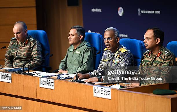 New Delhi, India – May 12: DGMO Lieutenant General Rajiv Ghai, Air Marshal AK Bharti, Vice Admiral AN Pramod and Major General SS Sharda during the...
