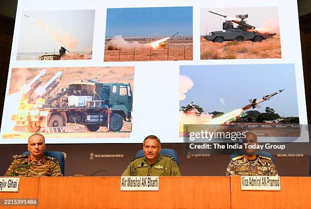 New Delhi, India – May 12: DGMO Lieutenant General Rajiv Ghai, Air Marshal AK Bharti, Vice Admiral AN Pramod and Major General SS Sharda during the...