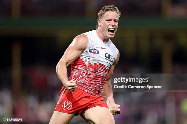 Isaac Heeney of the Swans celebrates kicking a goal during the round ten AFL match between Sydney Swans and Carlton Blues at Sydney Cricket Ground,...
