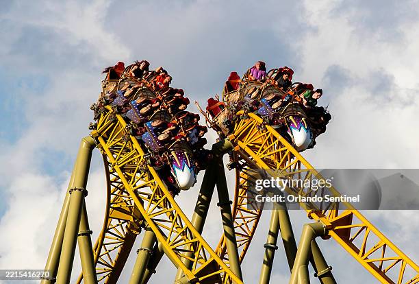 Guests ride Stardust Racers, a new dueling roller coaster ride in Celestial Park during a preview day for Universal Epic Universe on April 5, 2025....