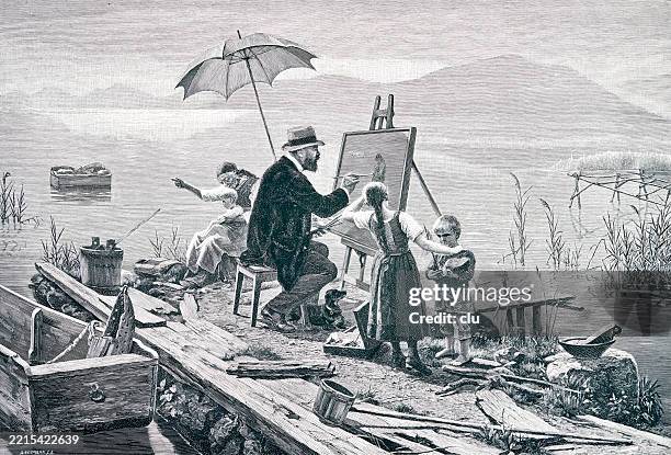 a morning at the lake chiemsee, painter working at the easel, surrounded by children - lake chiemsee stock illustrations