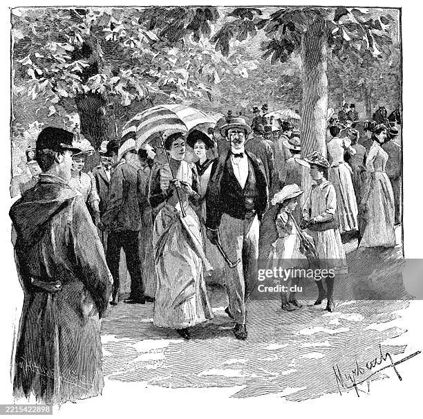 vienna, people strolling in the prater, the famous amusement park - prater amusement park stock illustrations