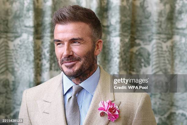 David Beckham wearing a David Austin Roses "King's Rose" waits to meet the King during a visit to the RHS Chelsea Flower Show at Royal Hospital...