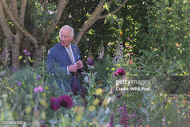 King Charles III, patron of the Royal Horticultural Society, walks through the RHS and BBC Radio 2 Dog Garden during a visit to the RHS Chelsea...