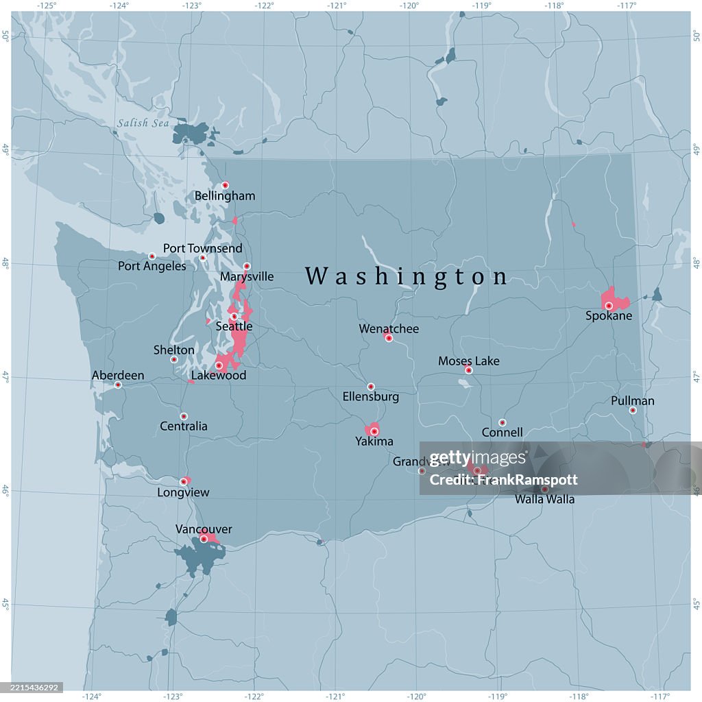 Washington US State Vector Road Map Grey