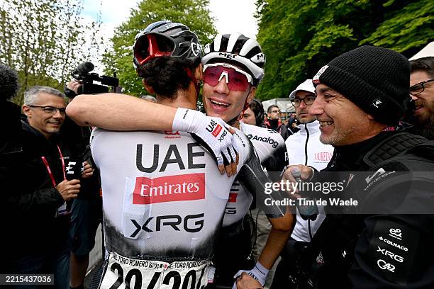 Isaac Del Toro of Mexico and stage winner Juan Ayuso of Spain and Team UAE Team Emirates - XRG react after the 108th Giro d'Italia 2025, Stage 7 a...