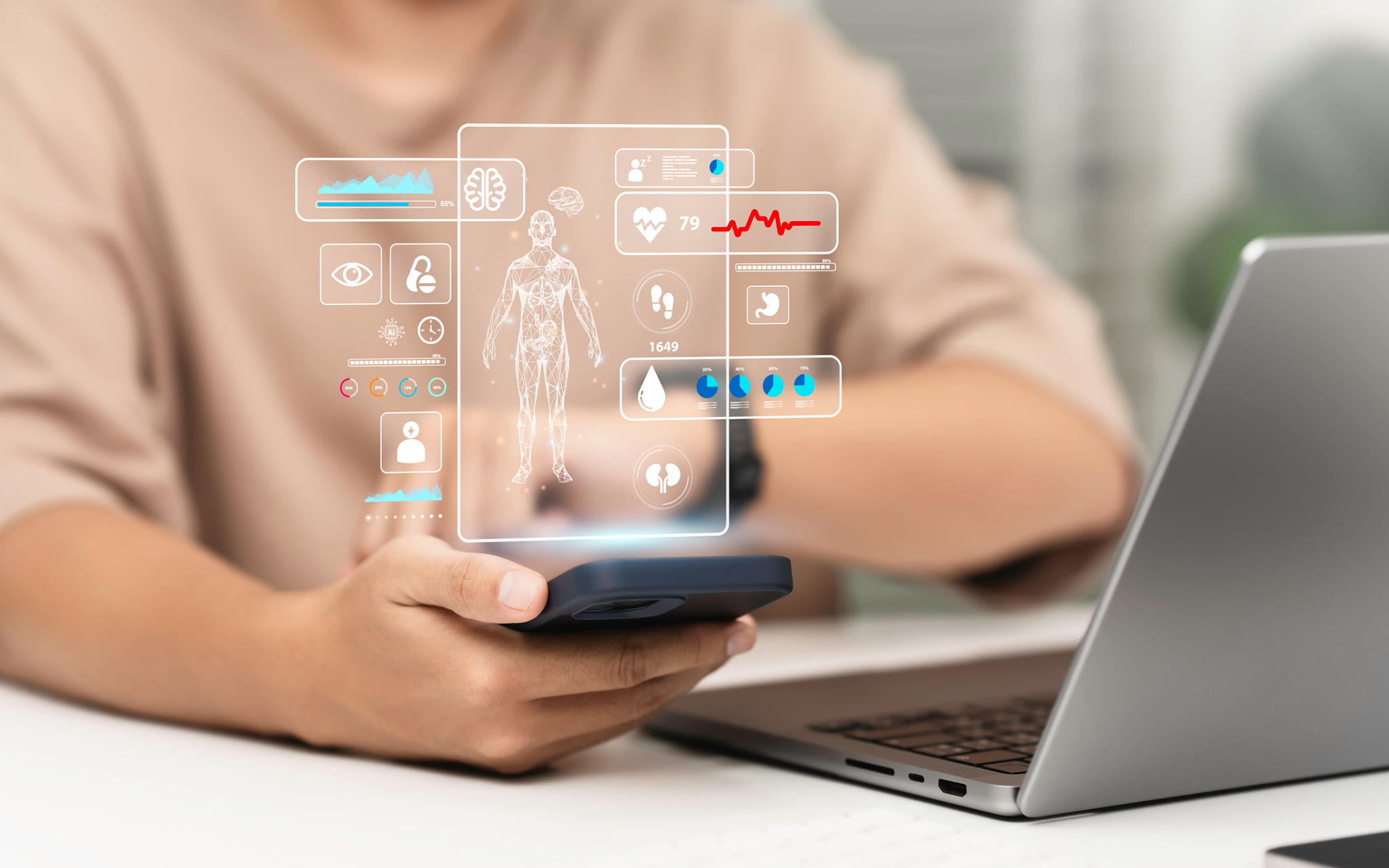 Man use smart watch for health care technology monitoring, ai analysis body to report and check health. Application track health Concept Man use smart watch for health care technology monitoring, ai analysis body to report and check health. Application track health Concept