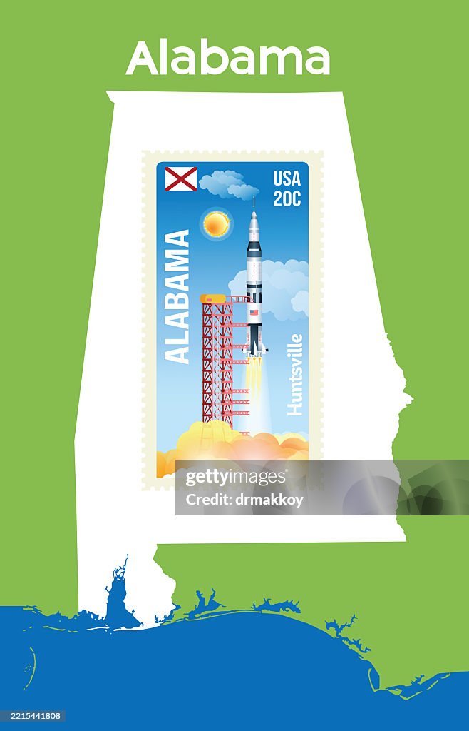 Alabama Stamps and Saturn 5 Rocket stamp