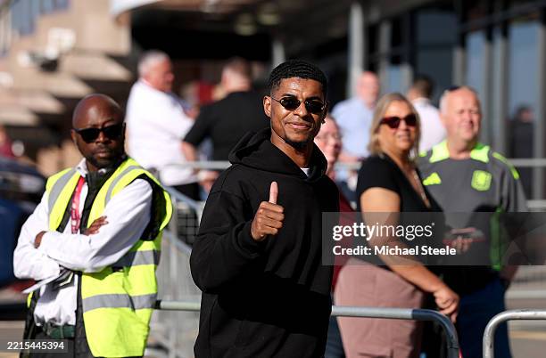 Marcus Rashford of Aston Villa arrives at the stadium prior to the Premier League match between Aston Villa FC and Tottenham Hotspur FC at Villa Park...