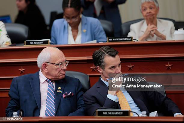 Rep. Paul Tonko and Rep. Morgan McGarvey listen during a mark up hearing with the House Budget Committee on Capitol Hill on May 16, 2025 in...