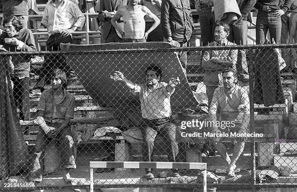 Soldiers guard prisoners held at the National Stadium after the military coup on September 21, 1973.