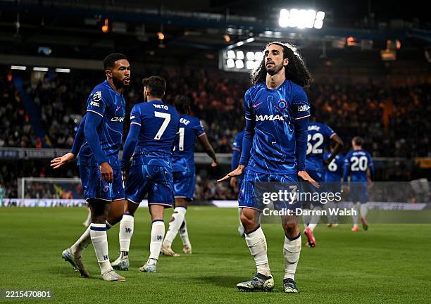 Marc Cucurella of Chelsea celebrates scoring his team's first goal during the Premier League match between Chelsea FC and Manchester United FC at...