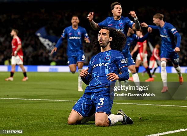 Marc Cucurella of Chelsea celebrates scoring his team's first goal during the Premier League match between Chelsea FC and Manchester United FC at...