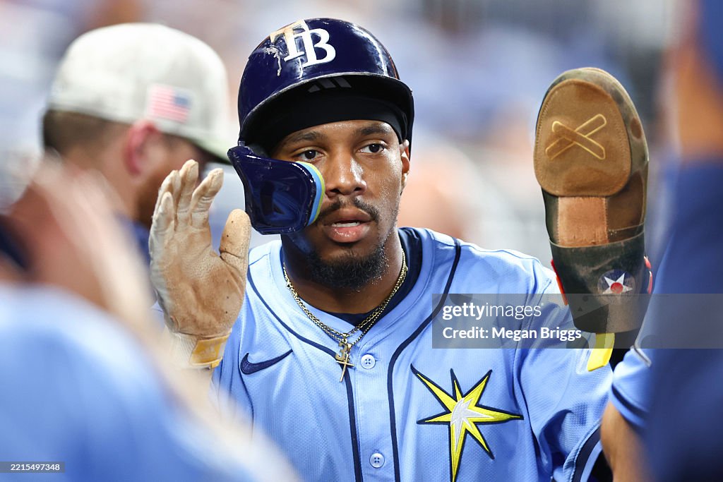 Miami Rays Chandler Simpson of the Tampa Bay Rays celebrates after scoring a run ...