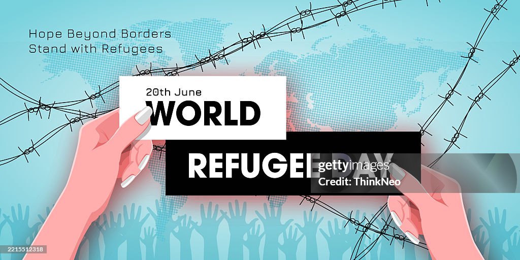 World Refugee Day Vector Illustration on 20 June with Fence Iron Wire and Hand in Background