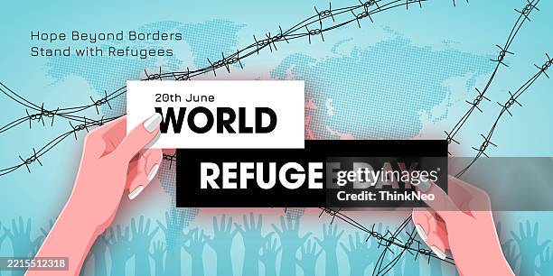 world refugee day vector illustration on 20 june with fence iron wire and hand in background - immigration detention center stock illustrations
