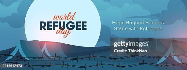 refugee day 20th june banner, post. refugee day conceptual banner with a big tent fenced by barbed wire. - immigration detention center stock illustrations