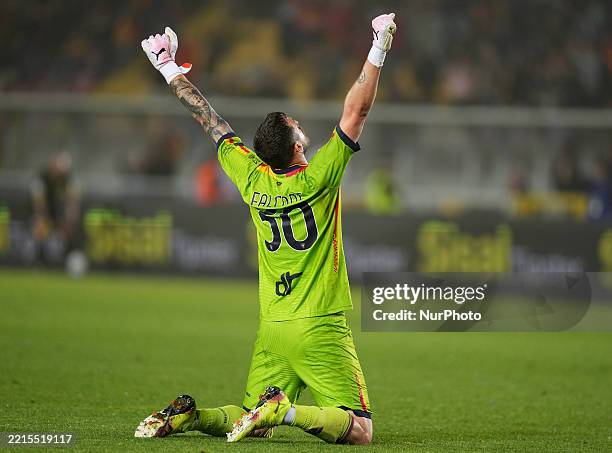 Wladimiro Falcone of US Lecce celebrates a goal during the Serie A match between US Lecce and Torino FC in Lecce, Italy, on May 18, 2025.