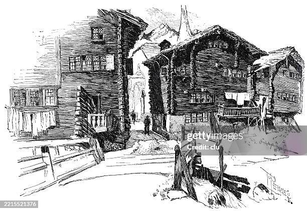 zermatt street with typical wooden houses - zermatt switzerland street stock illustrations